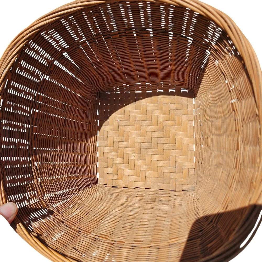 Vintage Woven Bamboo Rattan Basket Tapered Round Top Square Base Boho Decor 10in